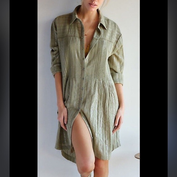 Anthropologie Dresses & Skirts - Women’s Anthropologie Pintuck shirt dress green w/silver thread button down S